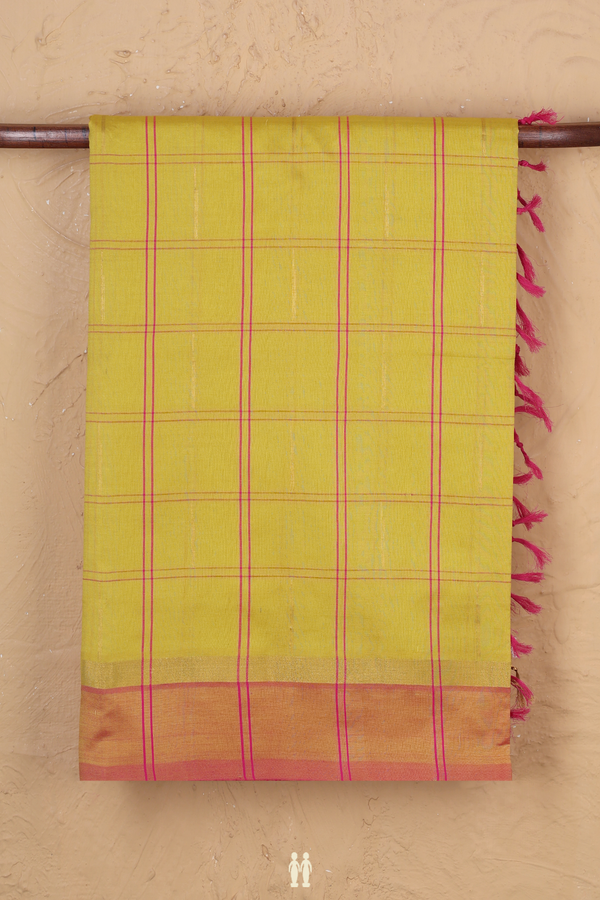 Semi Silk Cotton Saree In Yellow With Checks Design