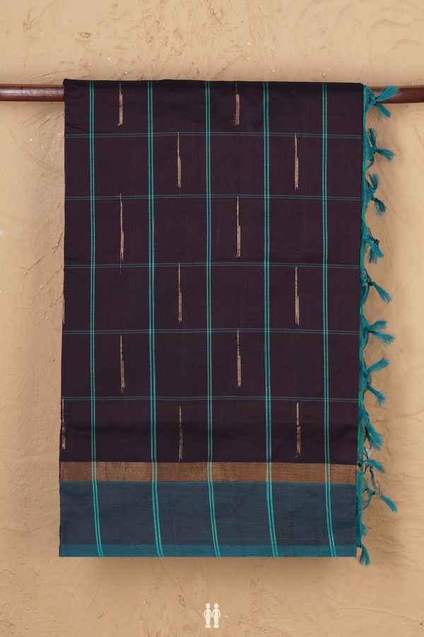 Semi Silk Cotton Saree In Dark Oak Brown With Checks Design