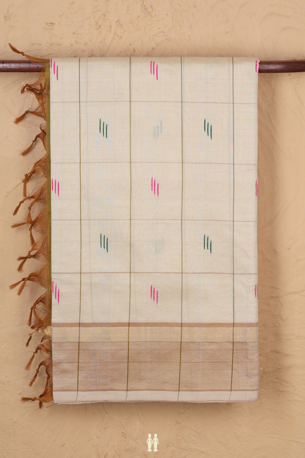 Semi Silk Cotton Saree In Cream Color With Checks Design