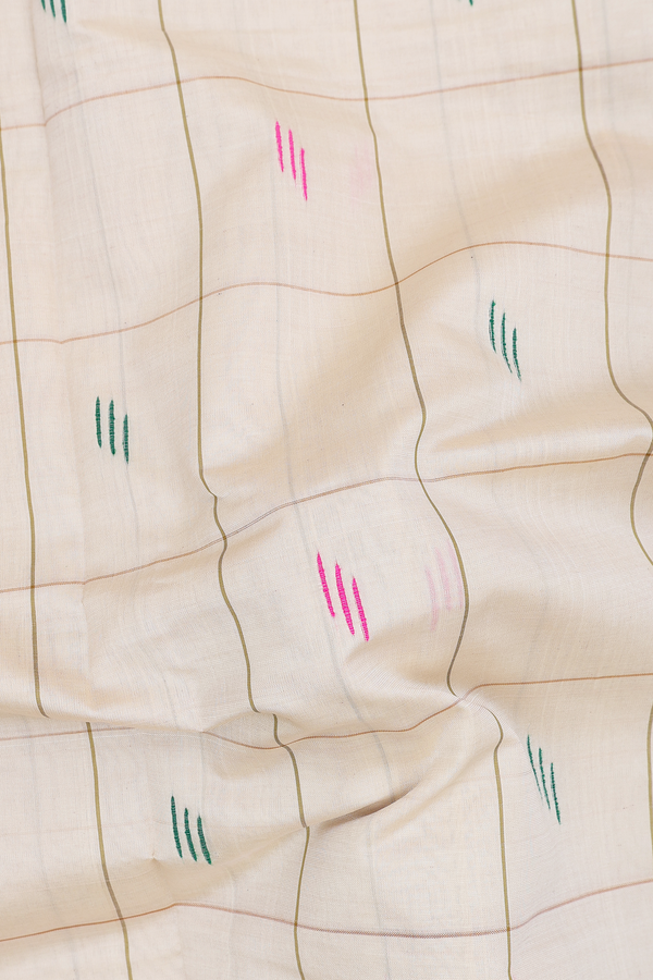 Semi Silk Cotton Saree In Cream Color With Checks Design