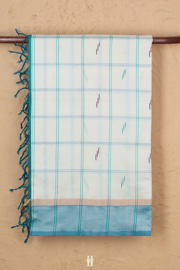 Semi Silk Cotton Saree In White With Checks Design
