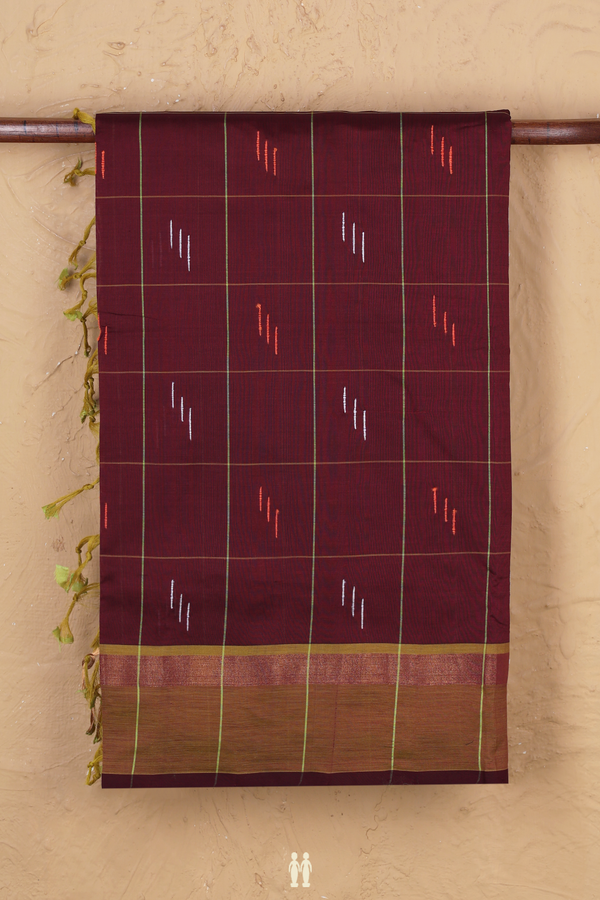 Semi Silk Cotton Saree In Coffee Brown With Checks Design