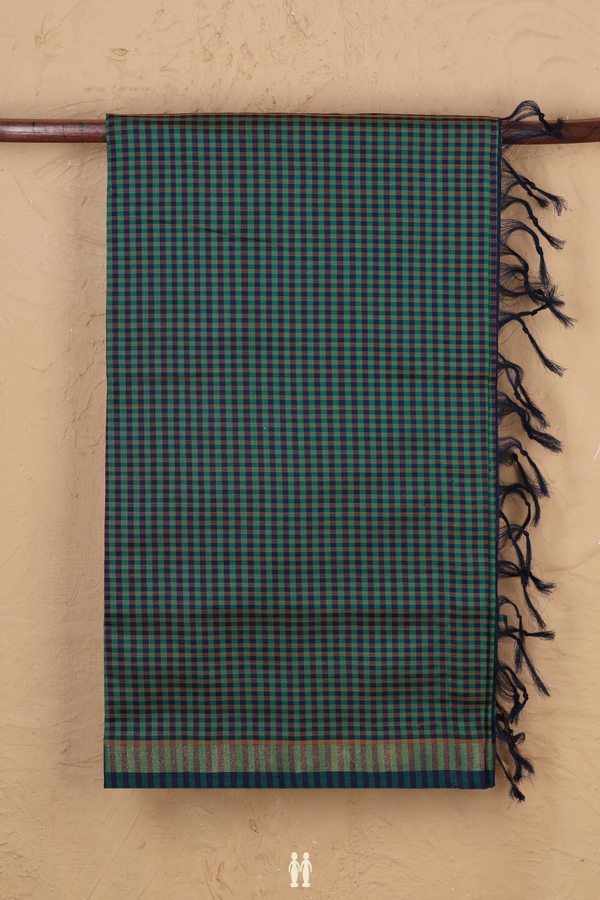 Semi Silk Cotton Saree In Blue And Green With Checks Design