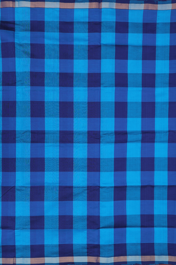 Semi Silk Cotton Saree In Shades Of Blue With Checks Design