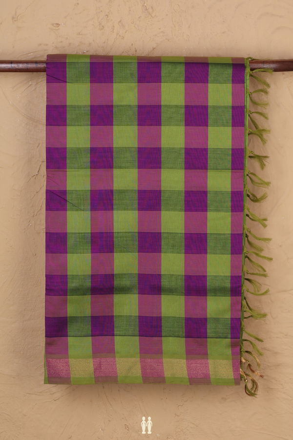 Semi Silk Cotton Saree Green And Purple With Checks Design
