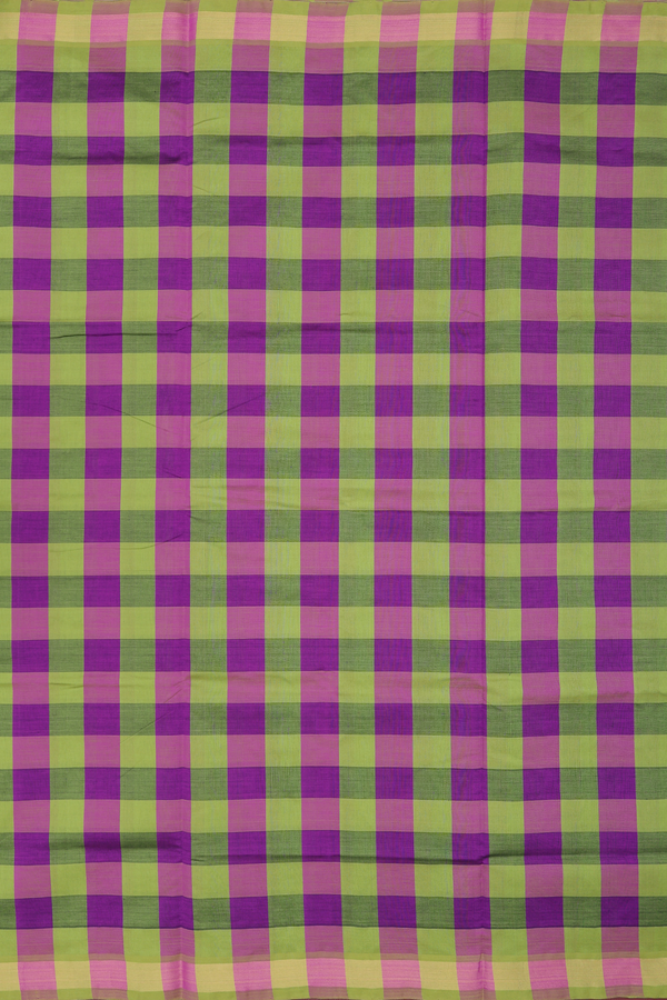 Semi Silk Cotton Saree Green And Purple With Checks Design