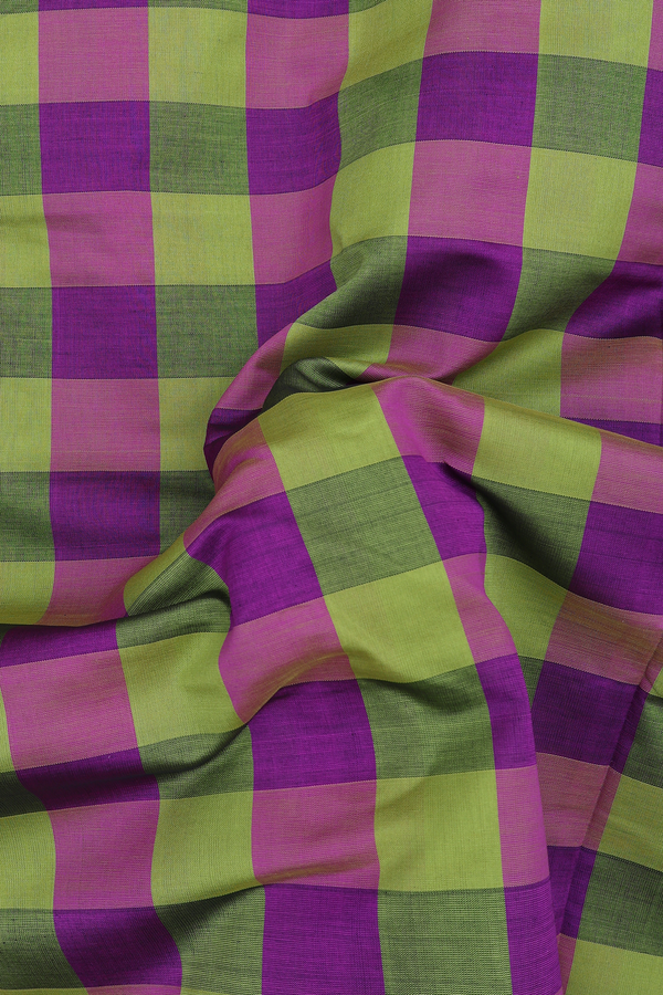 Semi Silk Cotton Saree Green And Purple With Checks Design