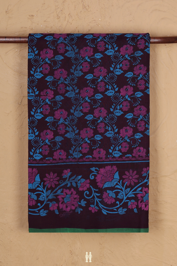 Silk Cotton Saree In Dark Deep Purple With Floral Design