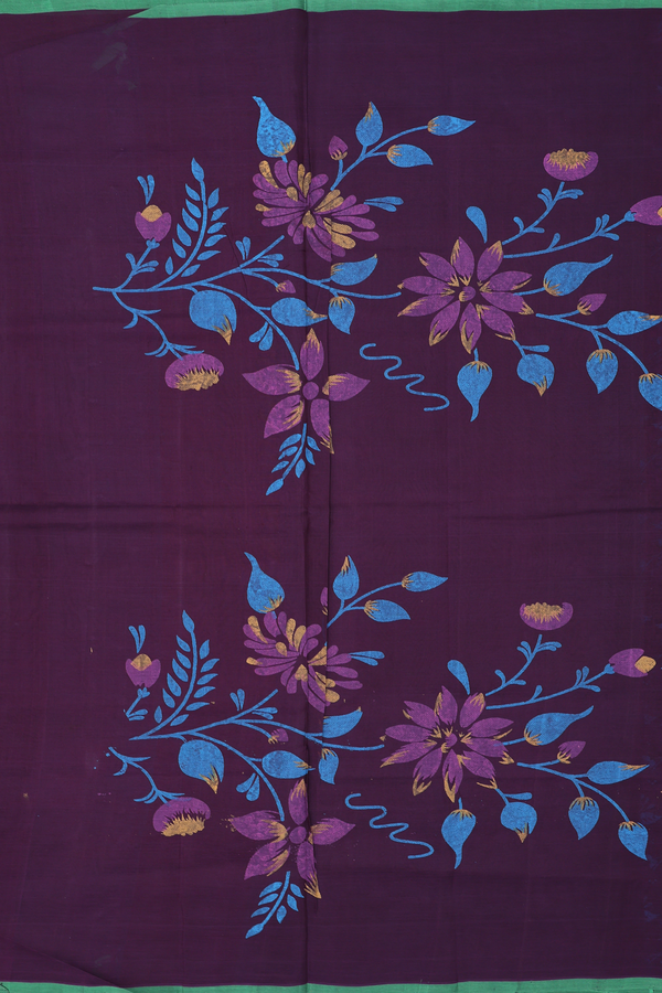 Silk Cotton Saree In Dark Deep Purple With Floral Design