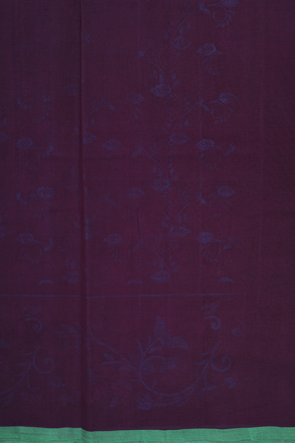 Silk Cotton Saree In Dark Deep Purple With Floral Design