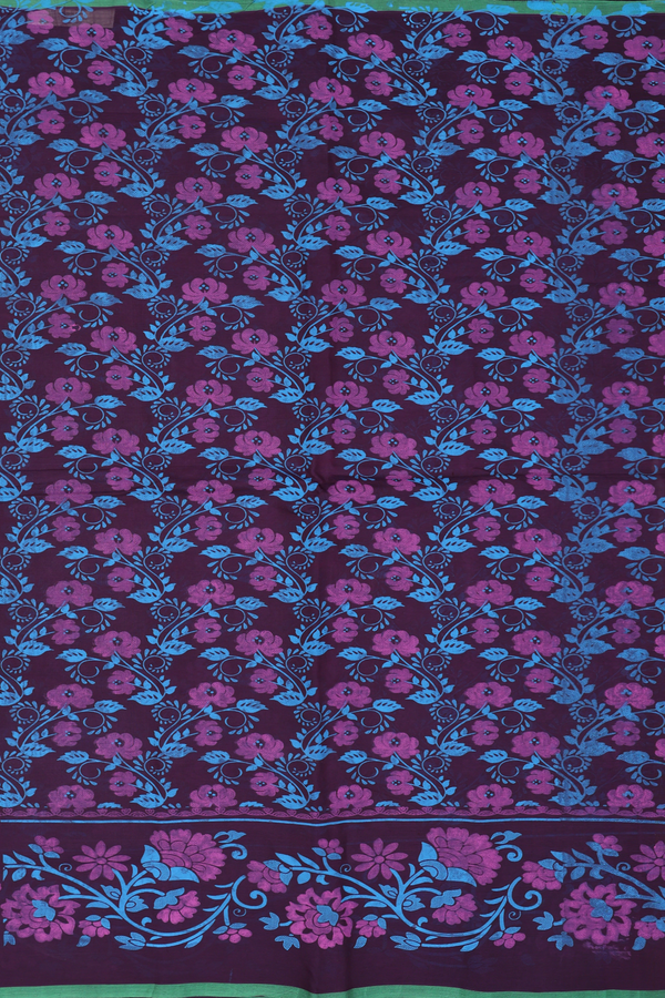 Silk Cotton Saree In Dark Deep Purple With Floral Design