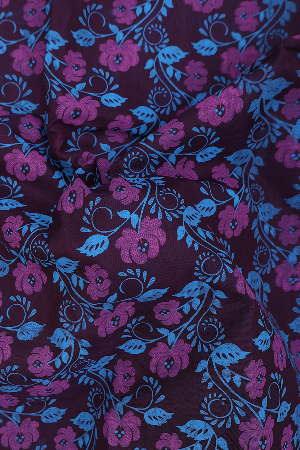 Silk Cotton Saree In Dark Deep Purple With Floral Design
