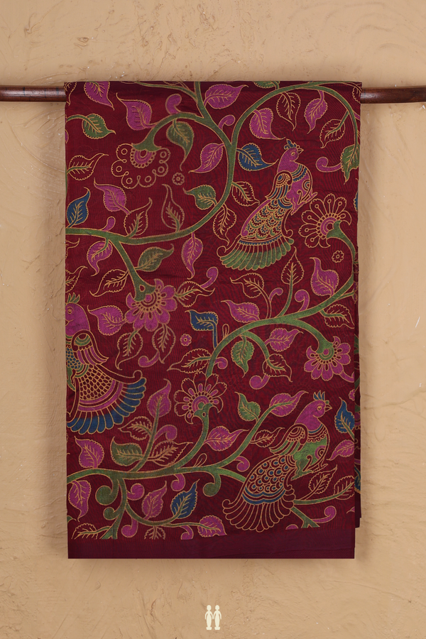 Traditional Silk Cotton Saree In Maroon With Peacock Design