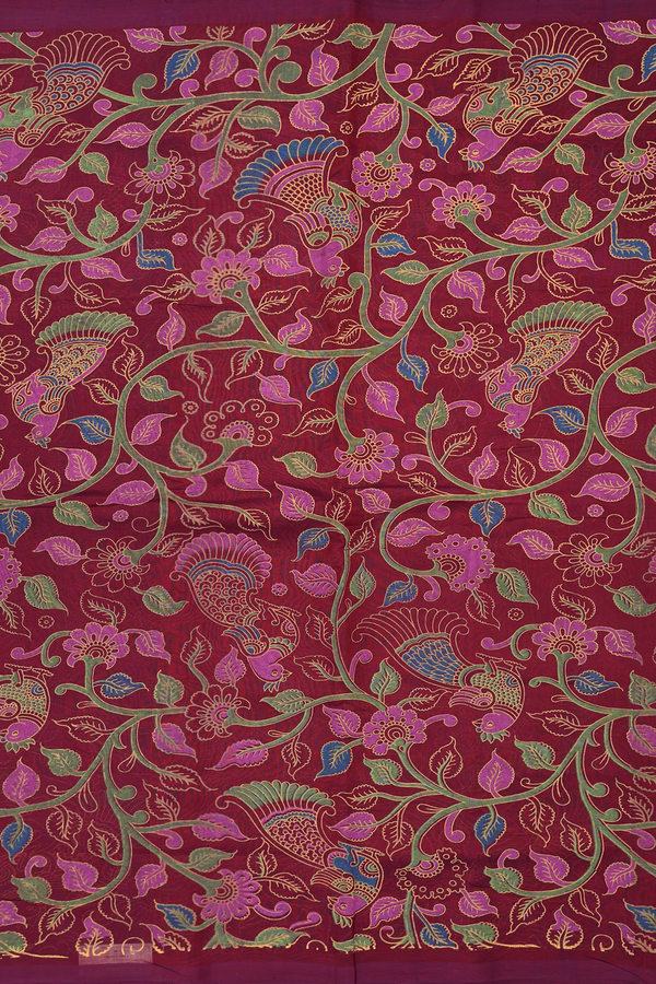 Traditional Silk Cotton Saree In Maroon With Peacock Design