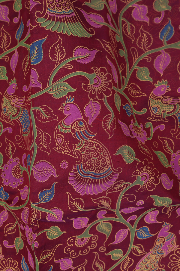 Traditional Silk Cotton Saree In Maroon With Peacock Design