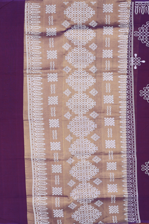 Traditional Silk Cotton Saree In Deep Purple With Kolam Motifs