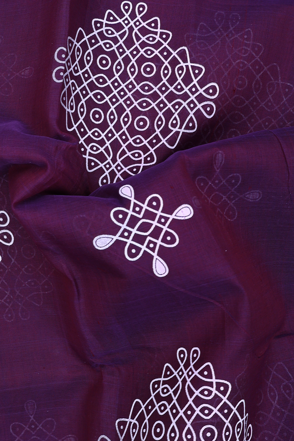 Traditional Silk Cotton Saree In Deep Purple With Kolam Motifs