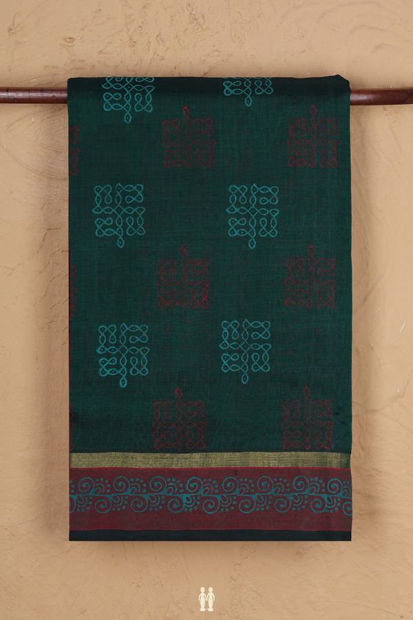 Traditional Silk Cotton Saree In Dark Green With Kolam Motifs