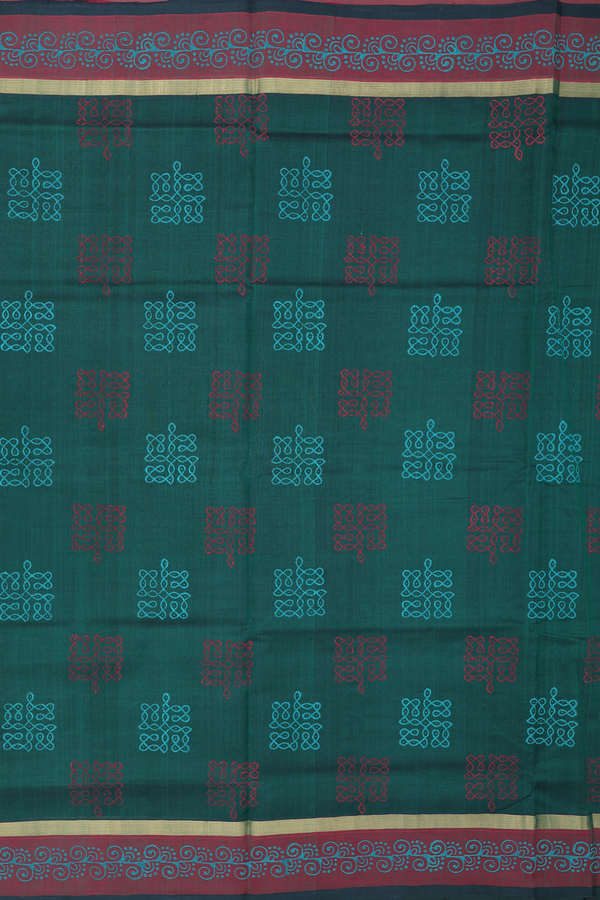 Traditional Silk Cotton Saree In Dark Green With Kolam Motifs