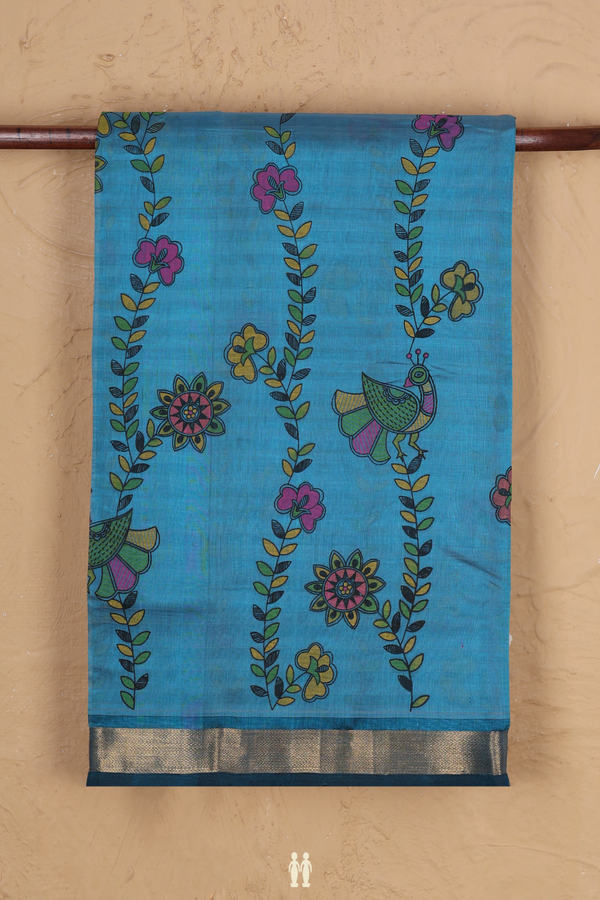 Traditional Silk Cotton Saree In Blue With Floral Design
