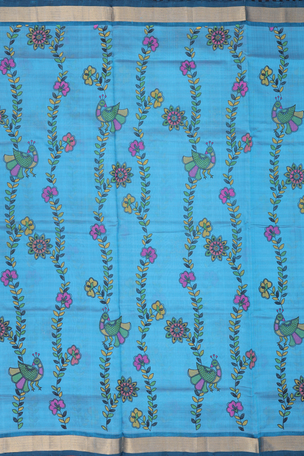 Traditional Silk Cotton Saree In Blue With Floral Design