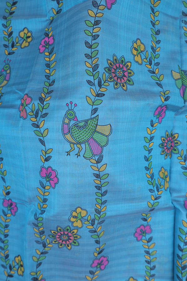 Traditional Silk Cotton Saree In Blue With Floral Design