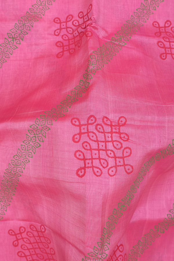 Traditional Silk Cotton Saree In Pink With Kolam Motifs