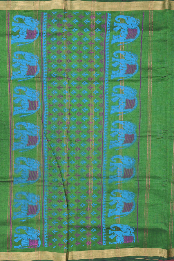 Traditional Silk Cotton Saree In Leaf Green With Floral Design