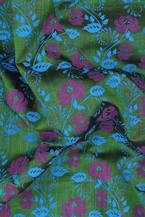 Traditional Silk Cotton Saree In Leaf Green With Floral Design