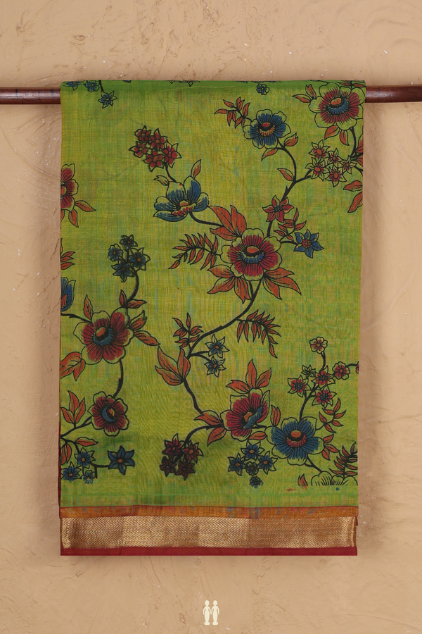 Traditional Silk Cotton Saree In Green With Floral Design