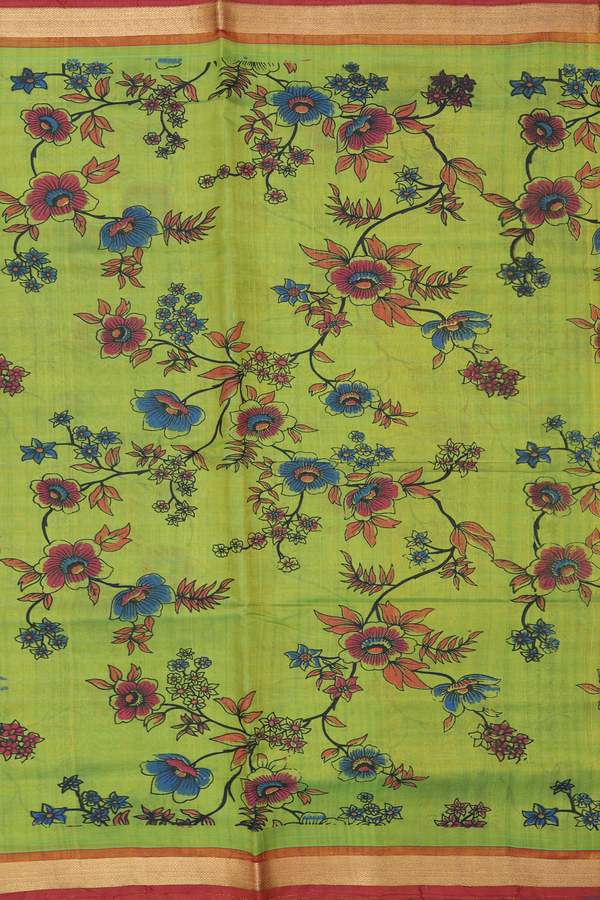 Traditional Silk Cotton Saree In Green With Floral Design