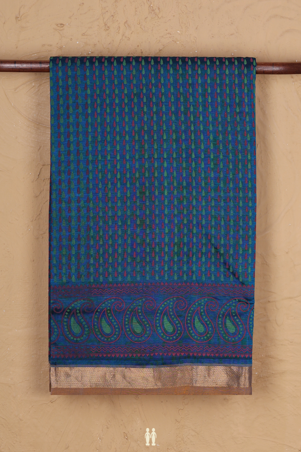 Traditional Silk Cotton Saree Teal Blue With Printed Design