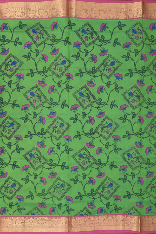 Traditional Silk Cotton Saree In Green With Floral Design