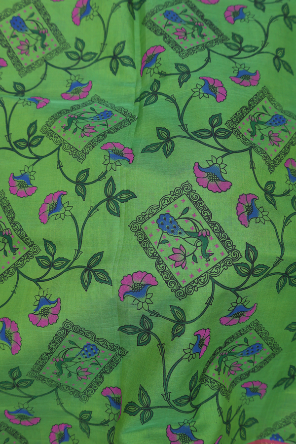 Traditional Silk Cotton Saree In Green With Floral Design