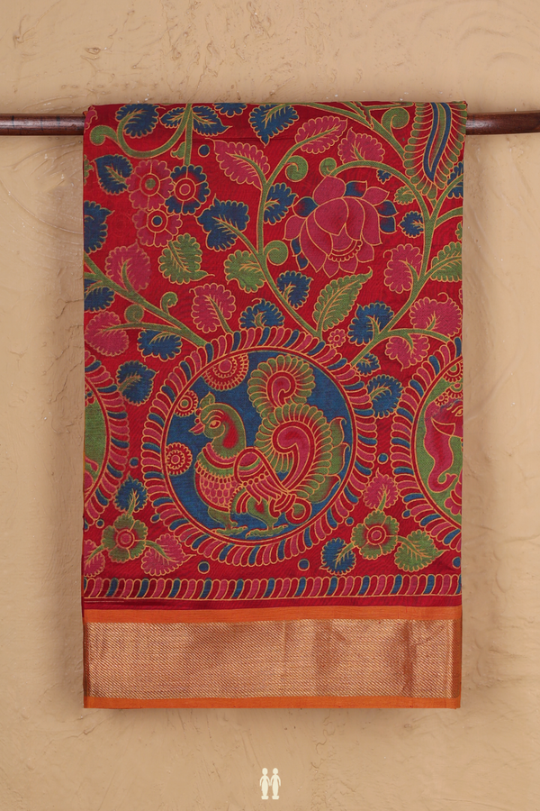 Traditional Silk Cotton Saree In Red With Floral Design