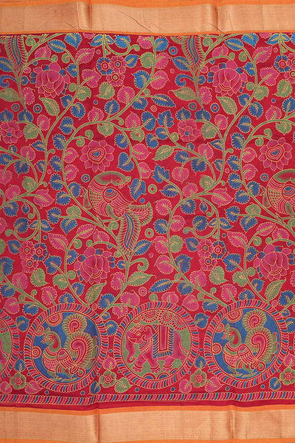 Traditional Silk Cotton Saree In Red With Floral Design