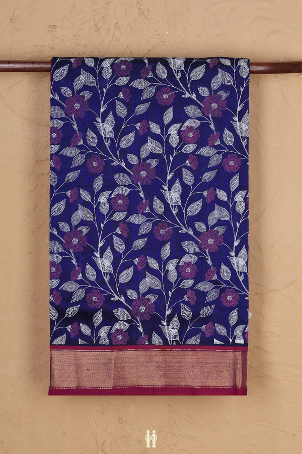 Traditional Silk Cotton Saree In Blue With Floral Design
