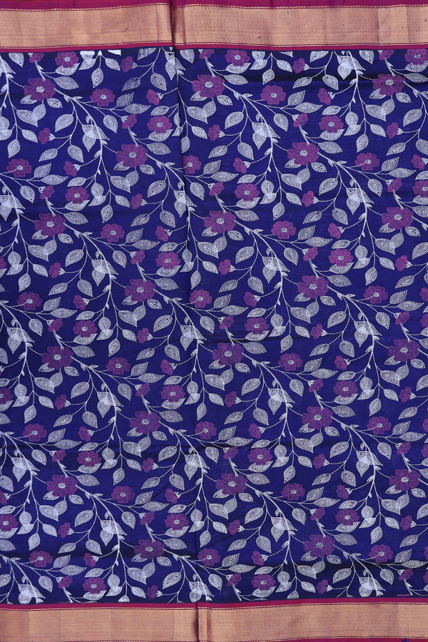 Traditional Silk Cotton Saree In Blue With Floral Design