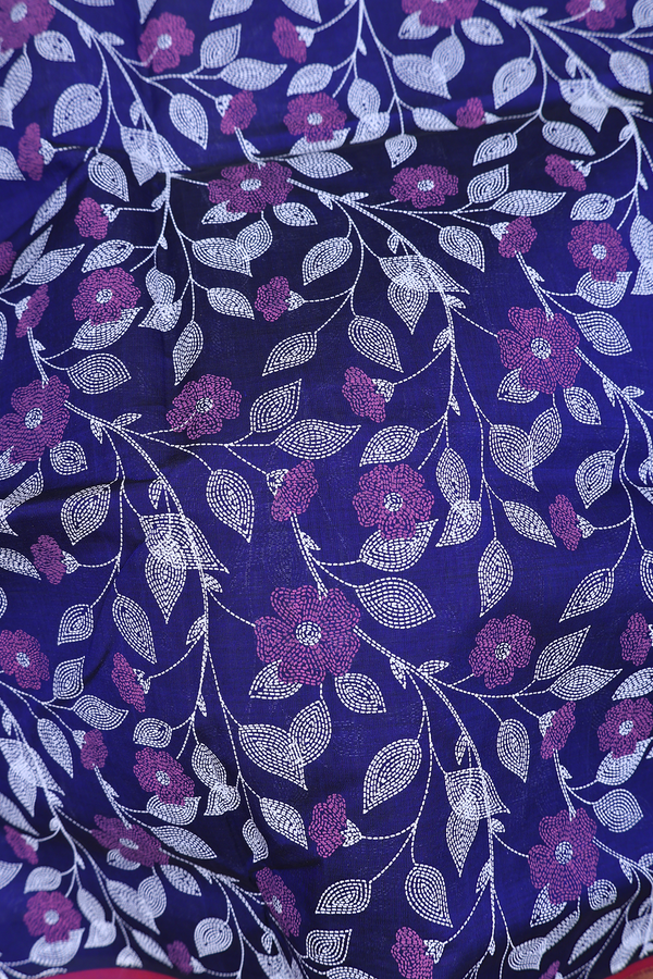 Traditional Silk Cotton Saree In Blue With Floral Design