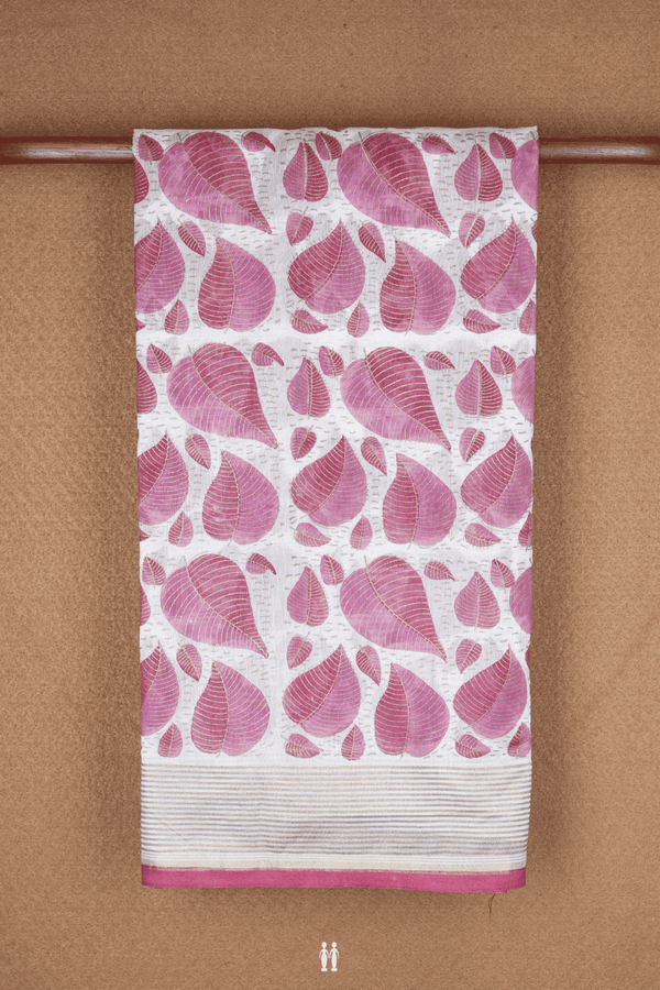 Leaf Printed Design Egg White Chanderi Silk Cotton Saree
