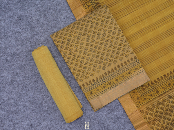 Leaf Printed Golden Brown Mangalagiri Cotton Salwar Material