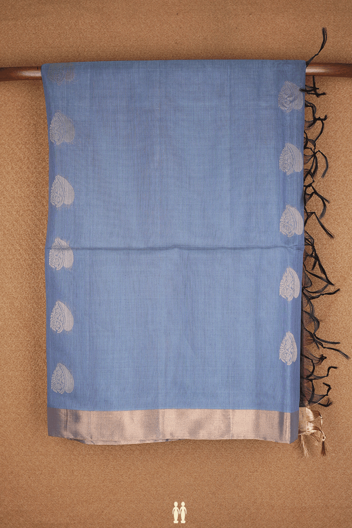 Leaf Zari Buttas Steel Blue Kora Silk Cotton Saree