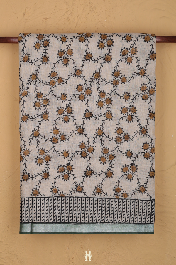 Linen Saree In Beige With Floral Printed Design