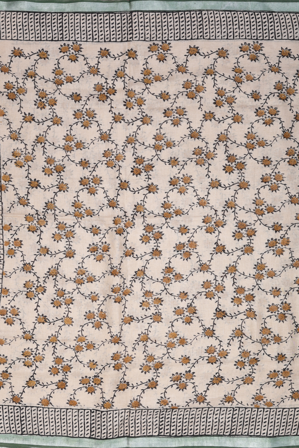 Linen Saree In Beige With Floral Printed Design