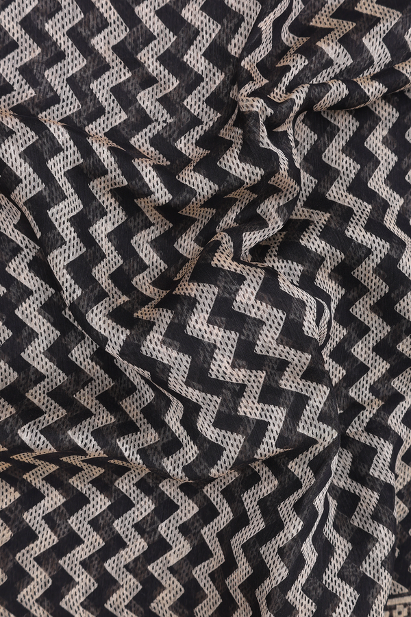 Linen Saree In Black With Chevron Printed Design