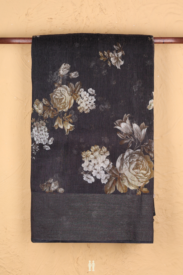 Linen Saree In Black With Floral Design