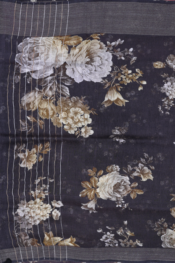 Linen Saree In Black With Floral Design