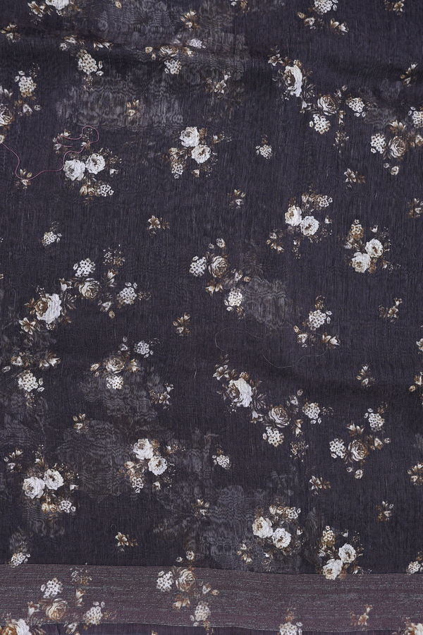 Linen Saree In Black With Floral Design