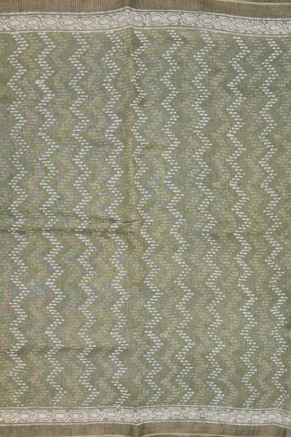 Linen Saree In Moss Green With Chevron Design