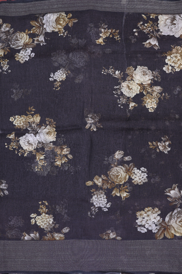 Linen Saree In Black With Floral Design